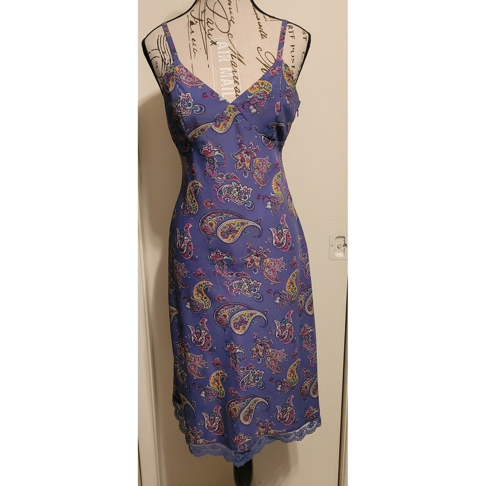 Vintage Express Purple Paisley Lace Trim Slip Dress Midi‎ V-Neck  Sz 7/8 90s Y2K